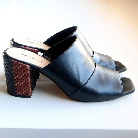 Nine West Janel Black Leather Square Toe Woven Block Heel Mules / Slip On Shoes - Picture 2 of 16